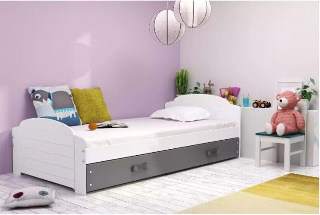 Kinderbett Lily ,Jugendbett 90x200 mit Schublade, Weiß, Bett ,Holz 20 (ohne Matratze, Schublade Grau)