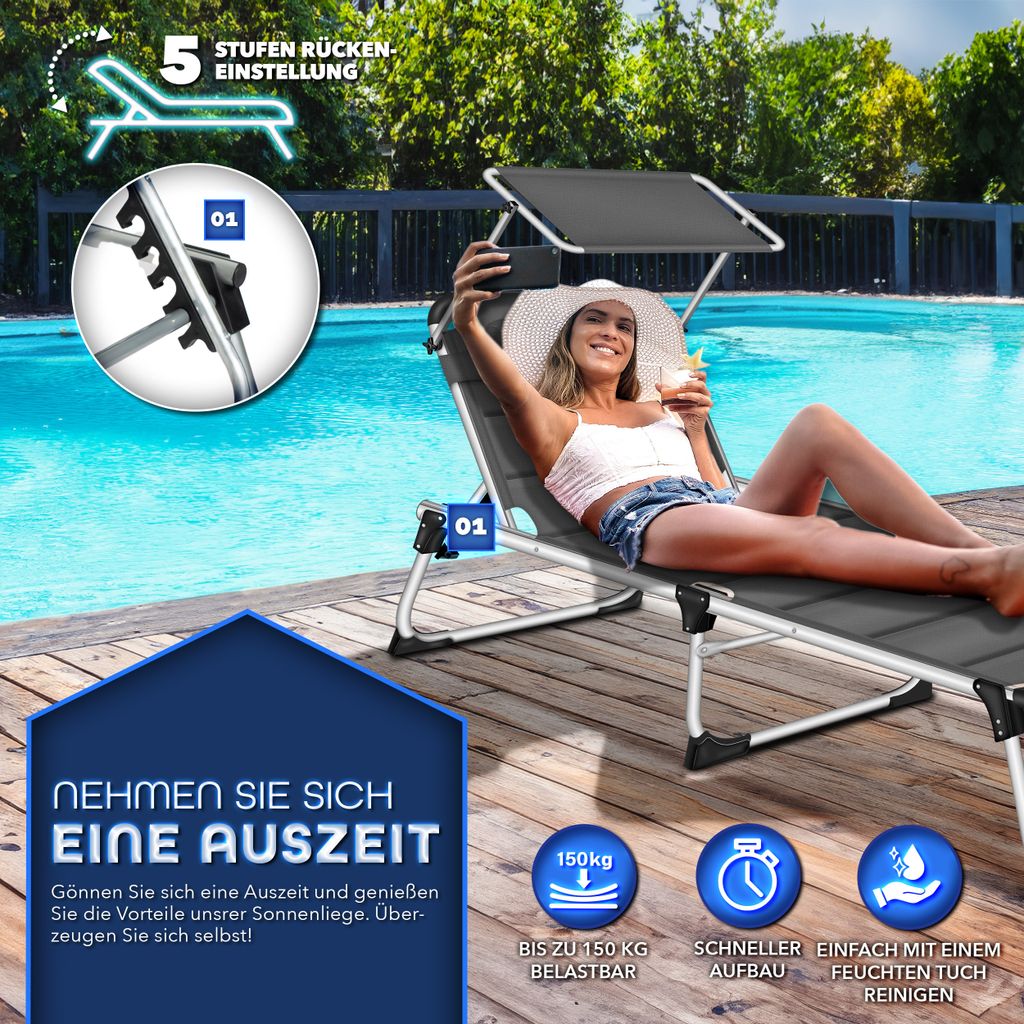 tillvex® Sonnenliege mit Dach und Kopfkissen Anthrazit - Produktbild 6