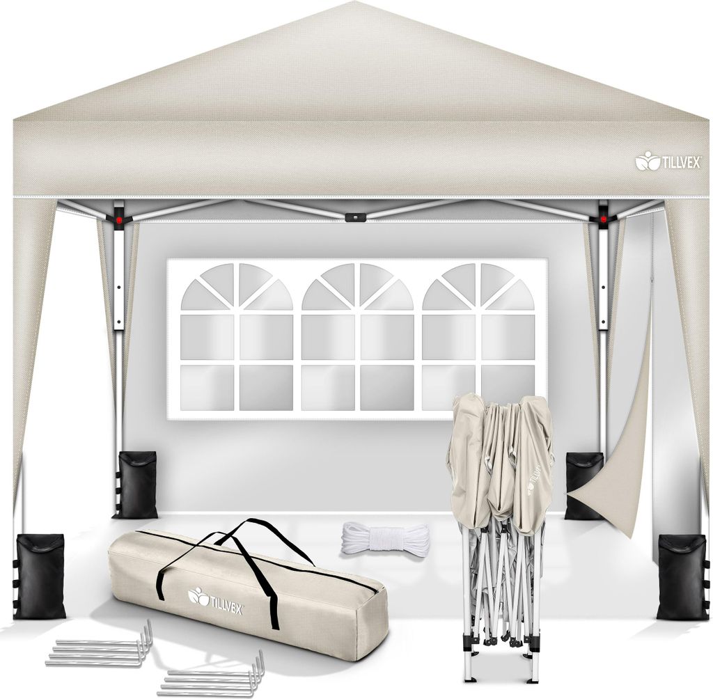 A pop-up canopy tent and its accessories are displayed against a white background. The tent is set up, and the accessories, including a carrying bag, folded frame, weights, and stakes, are arranged around it.