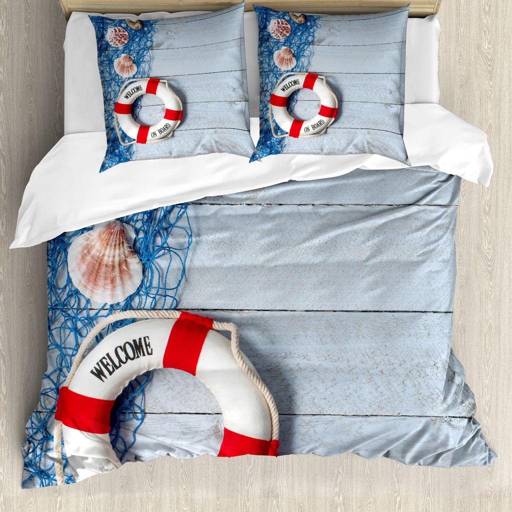 ABAKUHAUS Boje Bettbezug, Fischernetz Holz Seashell, Milbensicher Allergiker geeignet mit Kissenbezügen, 155 cm x 220 cm - 80 x 80 cm, Staub, Blau...