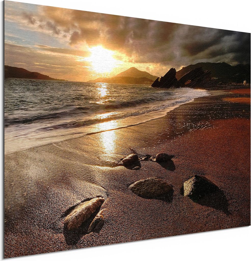 DEQORI Alu-Dibond Bild Silber 60x40 cm 'Strand im Sonnenuntergang' Wandbild Metall dünn