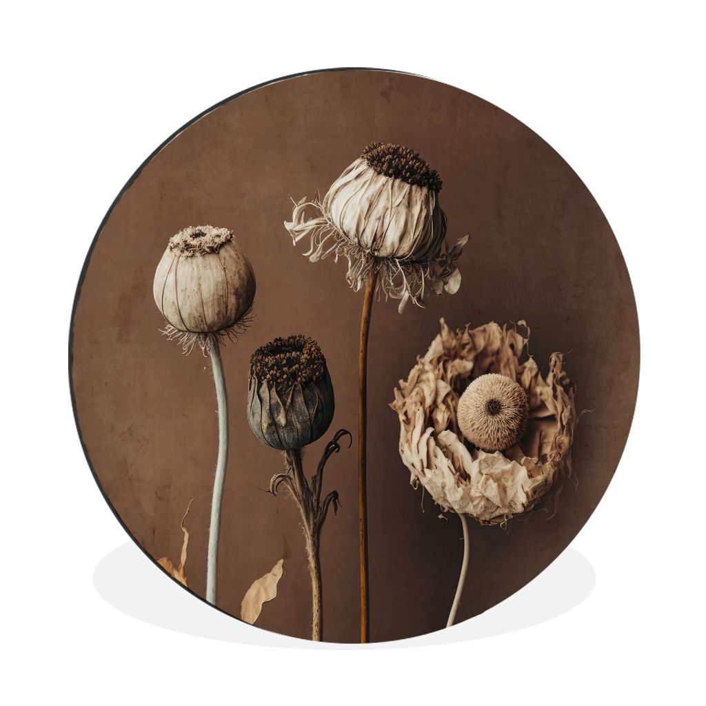 MuchoWow Aluminium Wandkreis Blumen - Pflanzen - Trockenblumen - Braun Ø 30 cm Wanddeko Modern Wohnzimmer - Wand Bild - Wohnzimmer - Runde Bilde...