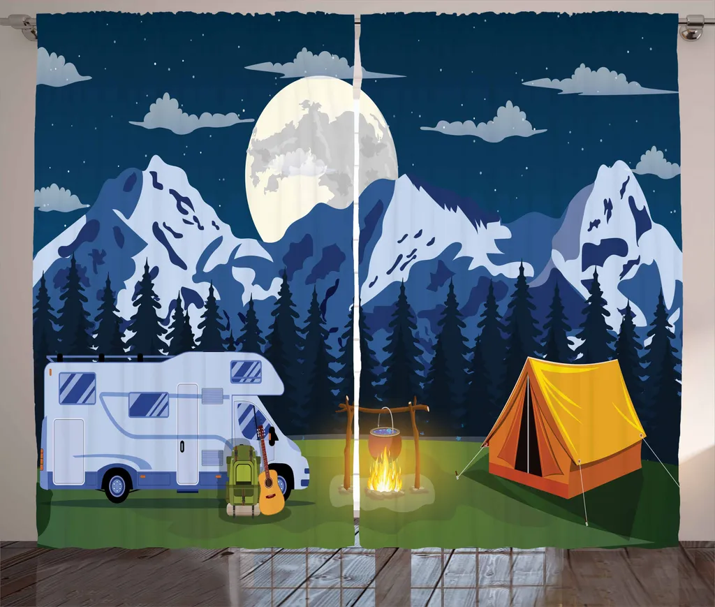 ABAKUHAUS RV Tenda rustica, campeggio nella foresta di notte, tenda con nastro arricciato per camera da letto con passanti e ganci, 280 x 175 cm, multicolore