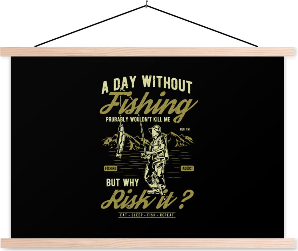 MuchoWow Textilposter Fisch - Berg - Rute - Jahrgang 120x80 cm mit holzfarbenen Rahmen - Aufhängeset