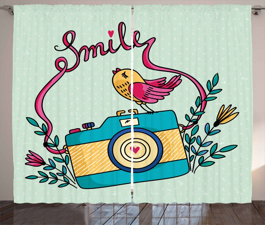 ABAKUHAUS Kamera Rustikaler Gardine, Liebes-Vogel-Gezwitscher Kreative, Schlafzimmer Kräuselband Vorhang mit Schlaufen und Haken, 280 x 245 cm, Me...