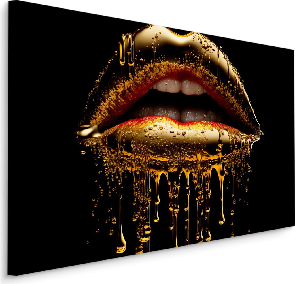Muralo CANVAS Leinwandbild Goldene Mund LIPPEN auf schwarzem Hintergrund ABSTRAKTION 3D Br. 100 cm x Hö. 70 cm