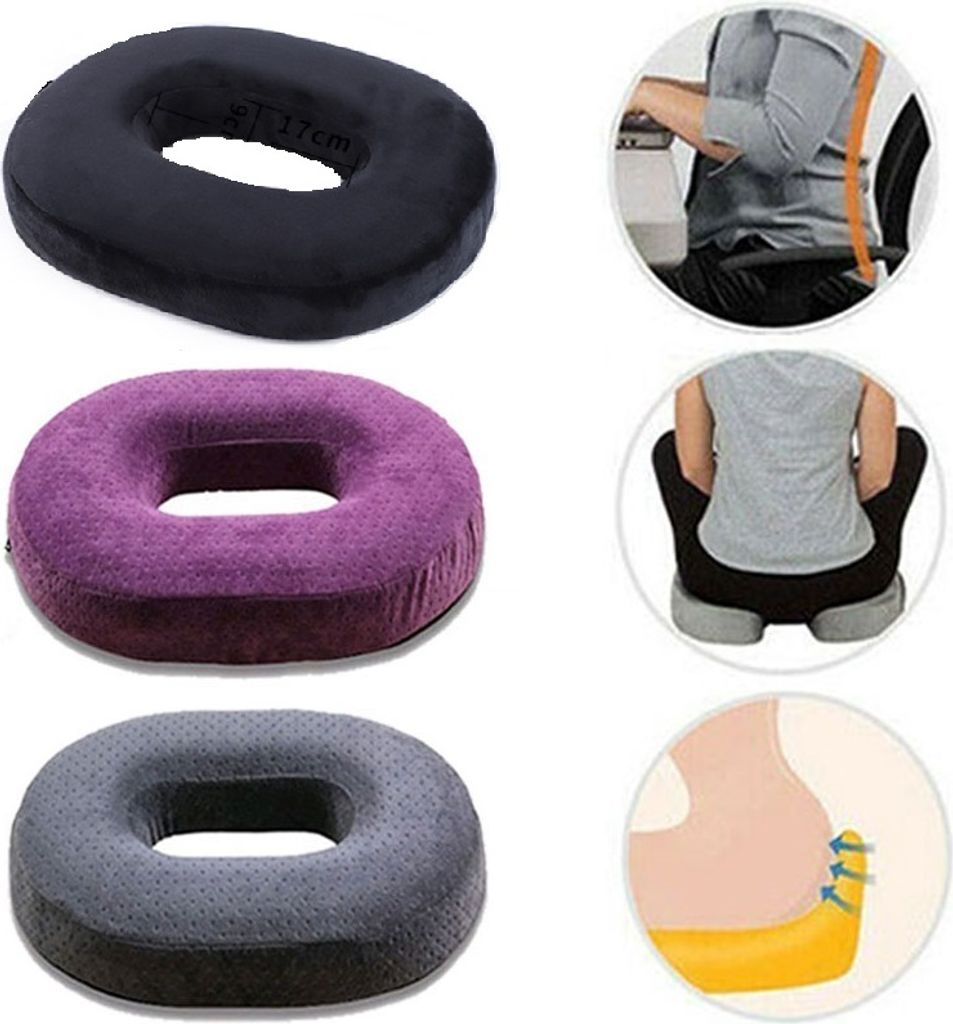 A collage of donut-shaped seat cushions and images demonstrating their use and benefits.