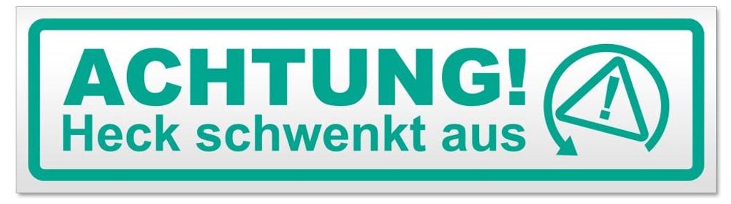 Kiwistar - Autoaufkleber - Türkis - 30 x 8 cm - Achtung Heck schwenkt aus - Hinweis Aufkleber Sticker für Auto, Kfz, Fahrrad, PKW, LKW