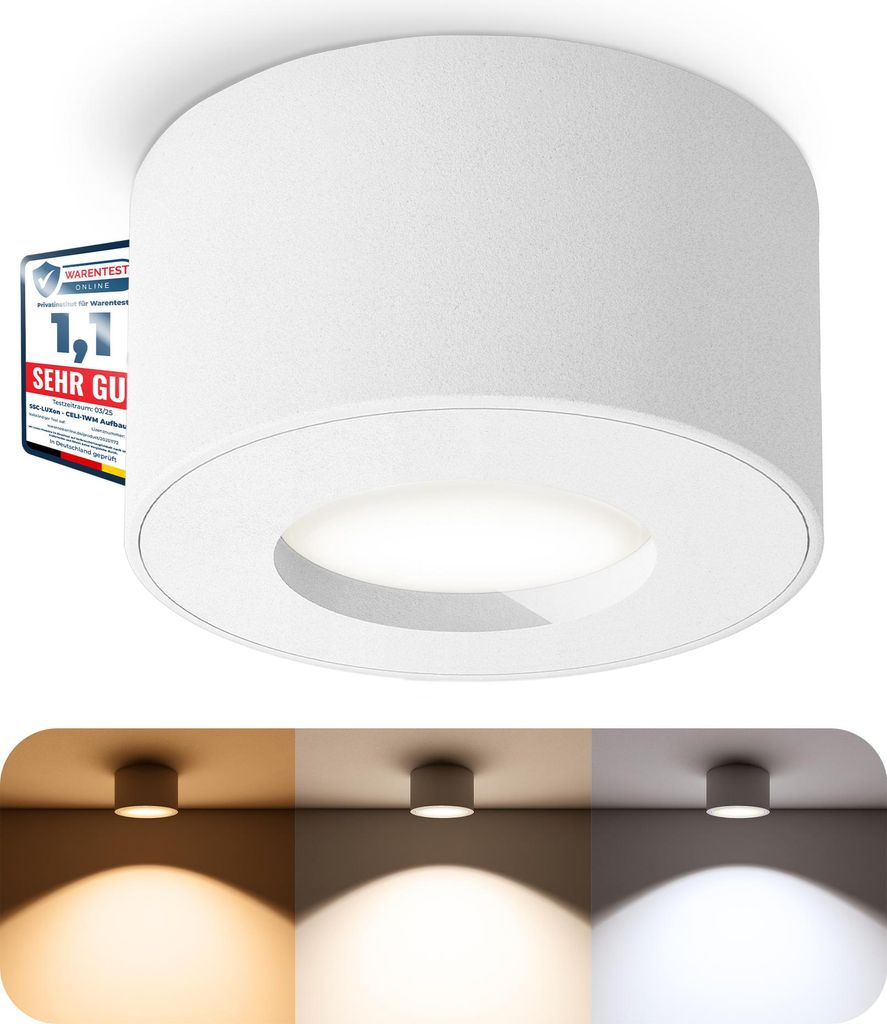 SSC-LUXon CELI-1 LED Aufbauspot IP44 weiß - dimmbar & 3CCT Lichtfarben - flache Deckenleuchte für Bad & Außen 230V 6W