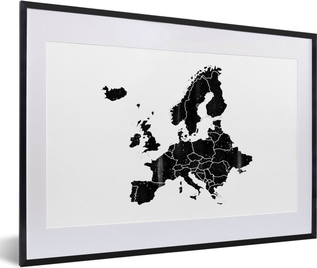 MuchoWow Gerahmtes Poster Europa-Karte mit dunkler Aquarellfarbe und helleren Flecken - schwarz-weiß 60x40 cm - Poster mit Schwarzem Bilderrahme...