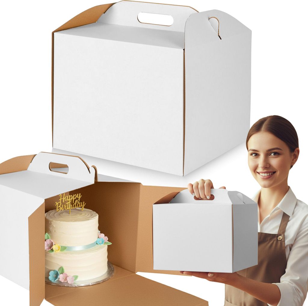 Weiße Kuchentransportbox aus Karton, Tortenschachtel mit Tragegriff, stabile Catering-Box 26x26x25 cm x2