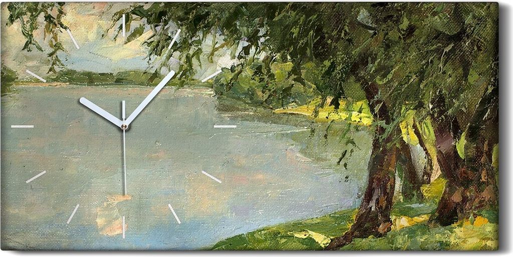 Leinwand Uhr Küche Wohnzimmer Bild Geräuschlos 60x30 Ölgemälde See Bäume - weiße Hände