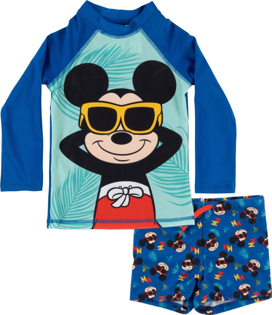 Disney Mickey Mouse Schwimmset UV-Schutz 50 für Jungen - Kinder Badeanzug Badeset langarm Shirt und Hose Zweiteiler Blau 110-116