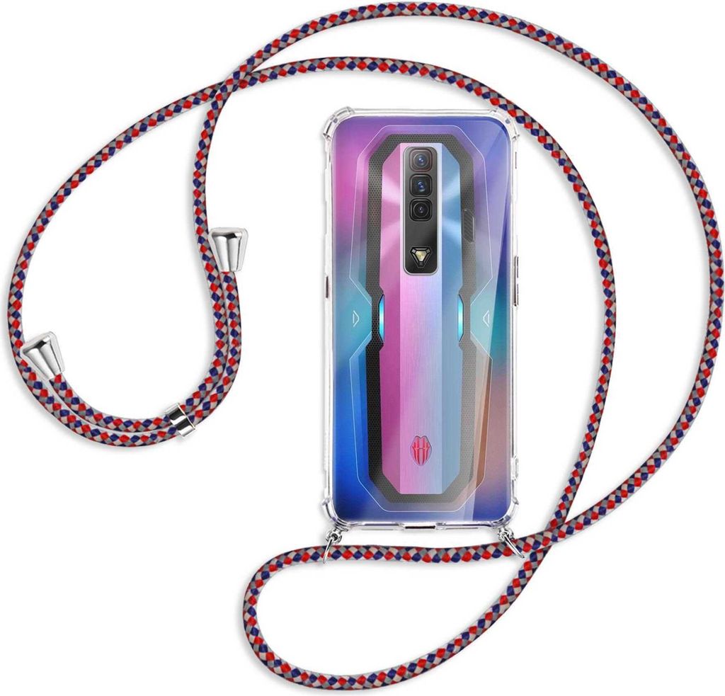 Handykette Backcover-Schutzhülle mit Band (Metall silberfarben) für ZTE nubia Red Magic 7 - silber/blau/rot