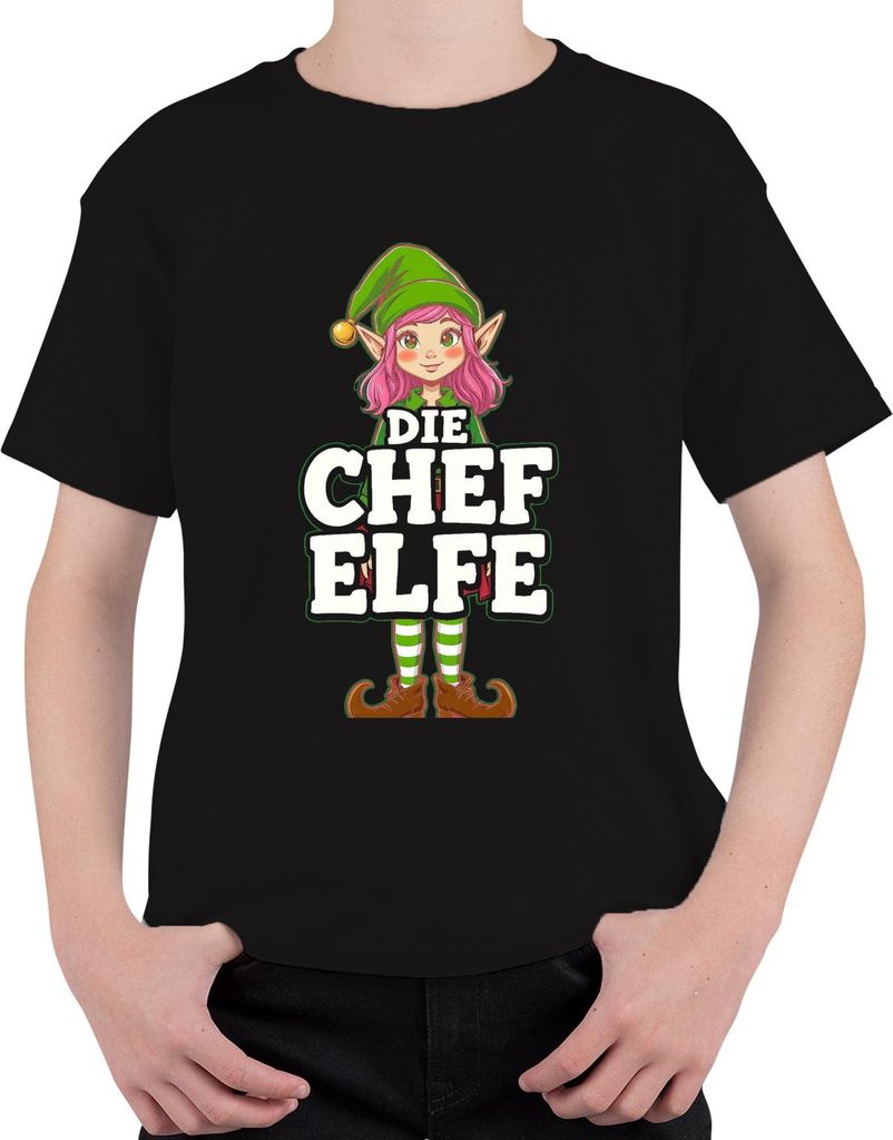 Die Chef Elfe Weihnachtselfe Weihnachten Santa Klaus Weihnachtshelfer Uni Kinder T-Shirt, Schwarz, 128