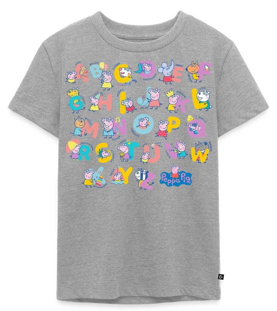 Spreadshirt Peppa Pig Design Alphabet Mit Peppa Kinder Premium T-Shirt, 134/140 (8 Jahre), Grau meliert