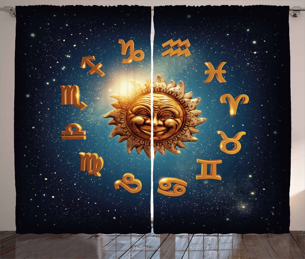 ABAKUHAUS Astrologie Rustikaler Vorhang, Alte Zeichen auf Stardust, Wohnzimmer Universalband Gardinen mit Schlaufen und Haken, 280 x 245 cm, Dunkle...