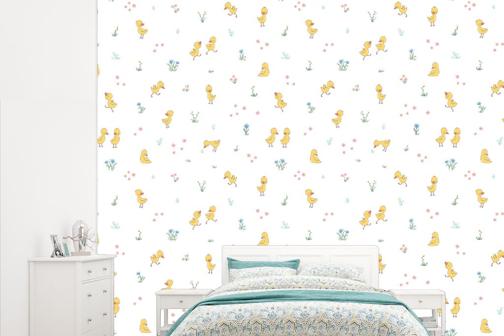 MuchoWow Fototapete für Wohnzimmer oder Schlafzimmer Wandtapete Vinyl Motivtapete Ente - Baby - Tiere - 315x260 cm - Gemustert