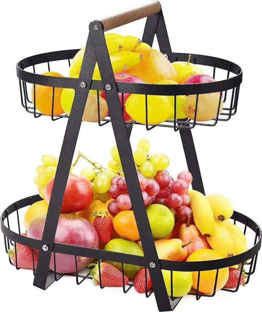 2-stöckige Obstetagere aus Metall – ovale Obstschale in Schwarz, modern und platzsparend – Etagere mit 2 Ebenen für Obst, Snacks oder Deko, r...