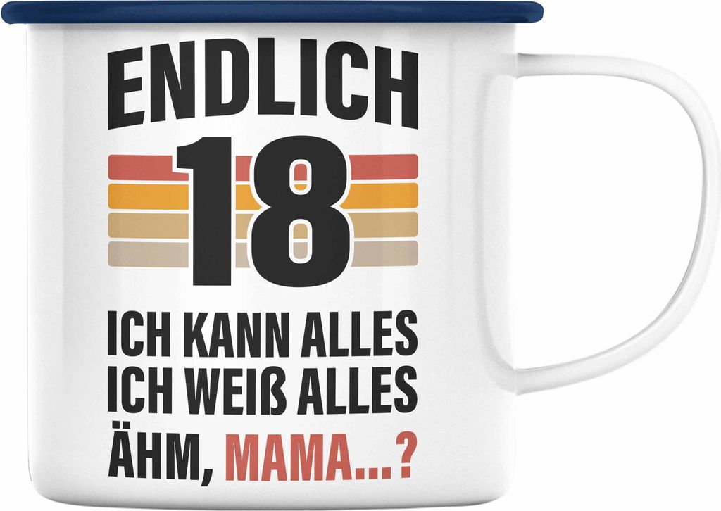 Trendation - 18. Geburtstag Junge Mädchen Emaille Tasse 18 Jahre alt Sohn Tochter Geschenkidee (Blau)