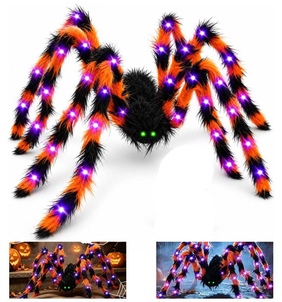 Halloween Spinne 125 cm, Riesenspinne mit lila LED, Produktbild 
