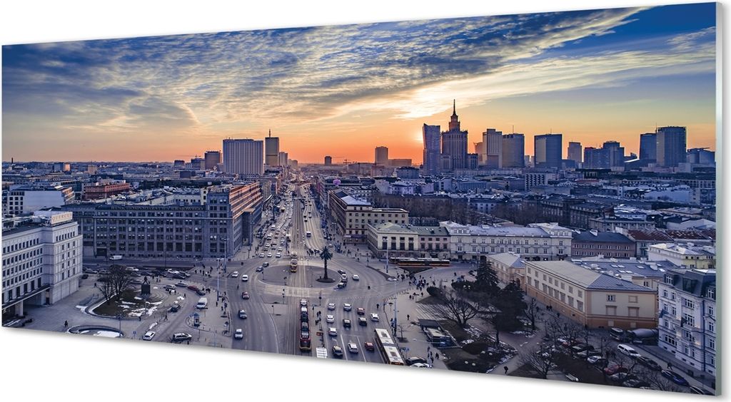 Glasbilder 125x50 Wandkunst Warschau Wolkenkratzer Sonnenuntergang