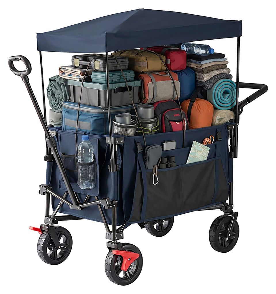 Relaxdays Bollerwagen, faltbar, 150 kg, Dach, Teleskop- & Schiebegriff, Gummireifen mit Bremse, Transportwagen, blau