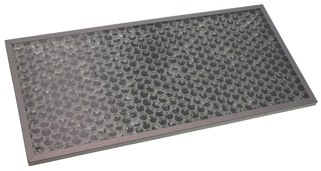 A rectangular air filter with a metallic frame and a honeycomb-like interior is shown against a white background.