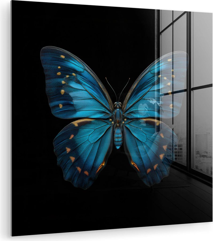 MuchoWow Glasbilder - Bilder auf Wandbild - Foto auf Glas Schmetterling - Blau - Kontrast 50x50 cm Wanddekoration aus Glas - Acrylglasbild - Acrylb...