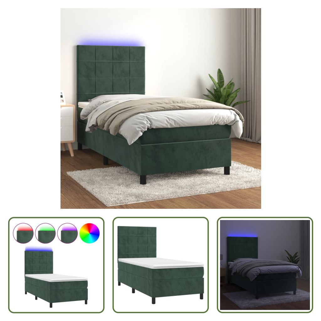 The Living Store Boxspringbett mit Matratze & LED Dunkelgrün 90x200 cm Samt