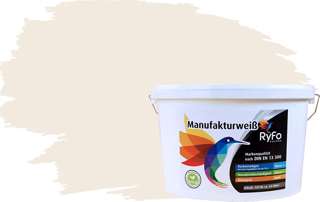 RyFo Colors Bunte Wandfarbe Manufakturweiß Seidenweiß 10l - weitere Weiß Farbtöne und Größen erhältlich, Deckkraft Klasse 1, Nassabrieb Klas...