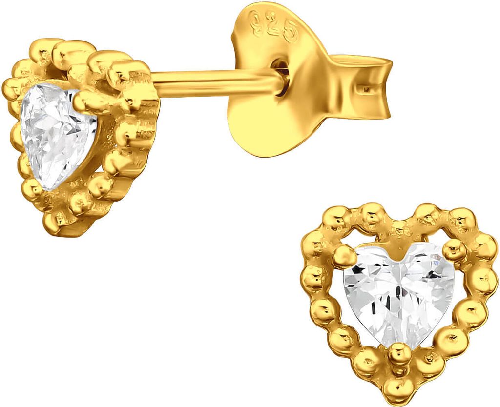 Ohrringe Ohrstecker 925 Sterling Silber vergoldet Herz mit Zirkonia Material - Silber vergoldet