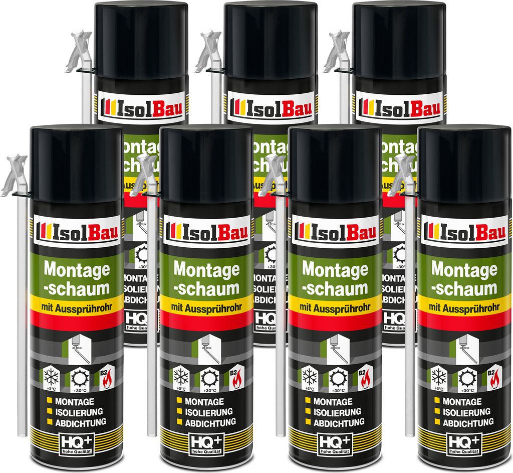 Isolbau 7 x 500 ml Montageschaum mit Aussprührohr - PolyurethanBauschaum für Montage, Isolierung, Abdichtung, Innen & außen