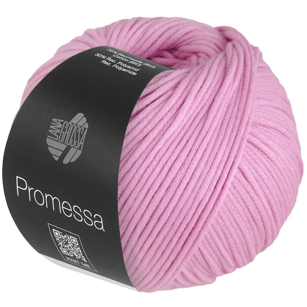 A ball of pink yarn with a black label.