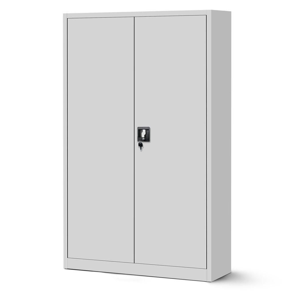 A light gray metal cabinet with two doors and a lock is presented against a white background.