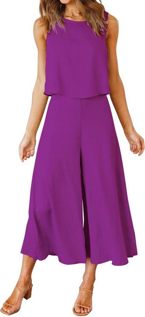 ASKSA Damen 2 Teiliges Outfit Sommer Ärmellos Rundhals Tank Top Weite Beinhose Freizeitanzug Zweiteiler, Lila, S