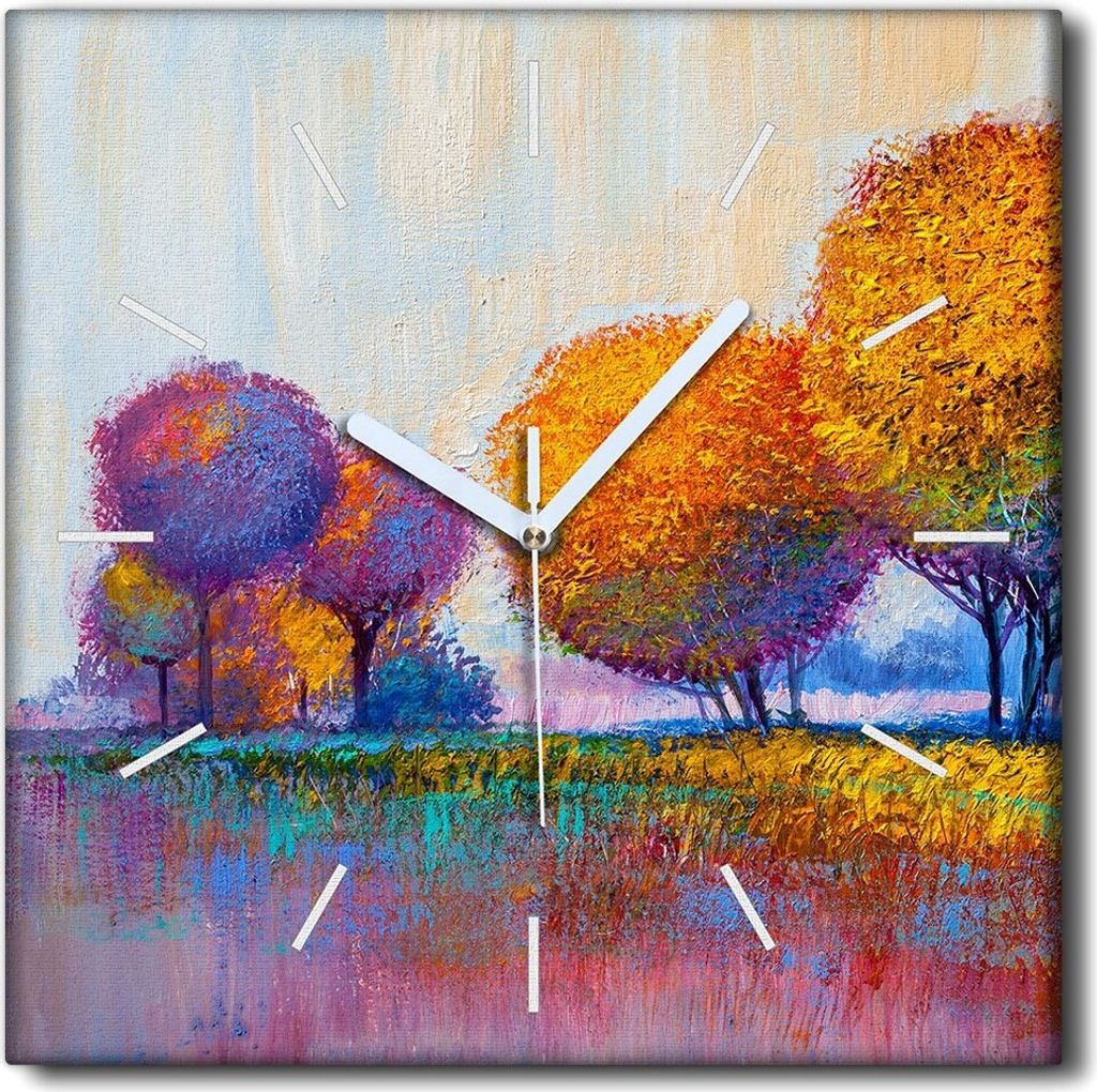 Coloray Uhr auf Leinwand 30x30 cm Wand Uhr Dekoration Wohnzimmer Segeltuch weiße Zeiger -Bunte Bäumewald