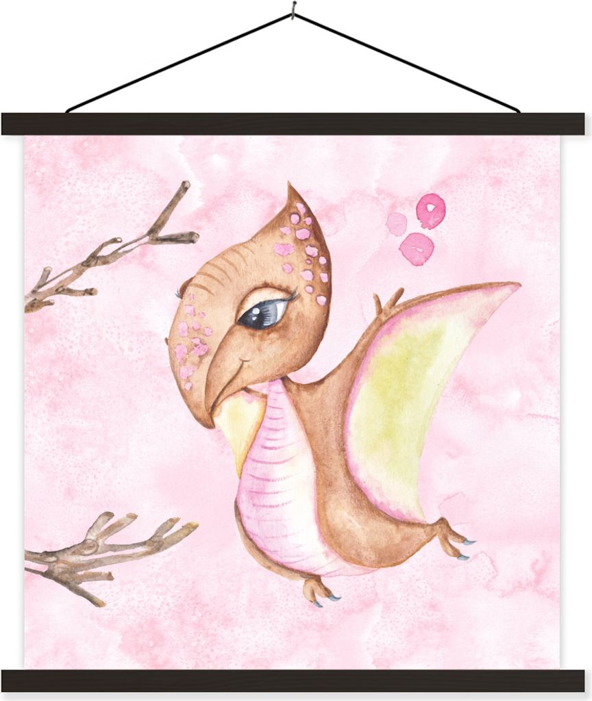 MuchoWow Textilposter Dino - Flügel - Kinderzimmer - Mädchen - Kinder - Rosa - Kinder 90x90 cm mit schwarzem Rahmen - Magnetisches