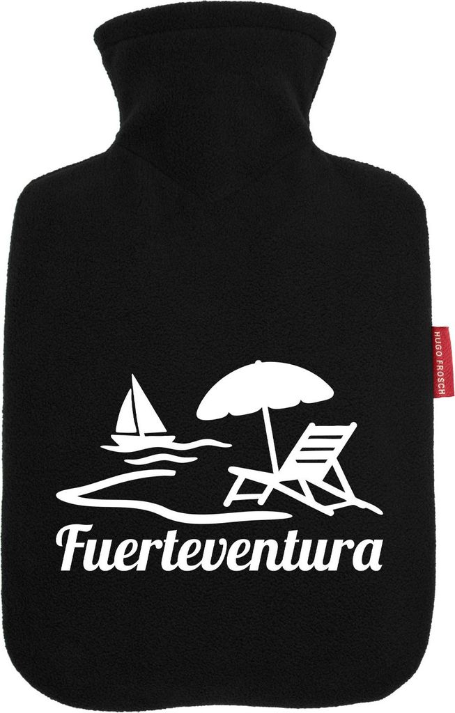 Huuraa Wärmflasche Fuerteventura Inselmotiv Spanien 1,8 Liter Black Classic Veloursbezug Bettflasche Geschenkidee