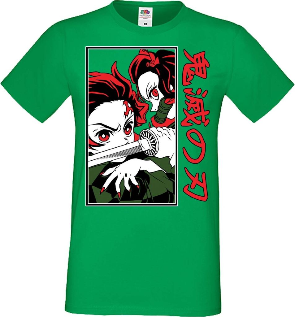 Herren T-Shirt Manga Anime Demon Anime Slayer Tanjiro Nezuko Fighting Fighting, Man XL / Grün