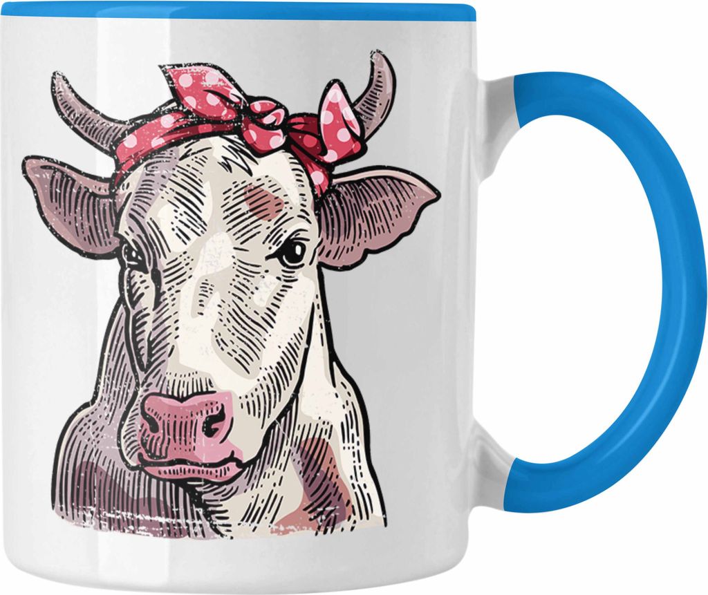 Trendation - Süße Kuh Tasse Geschenk für Landwirt Bauern Geschenkidee Geburtstag Frauen (Blau)
