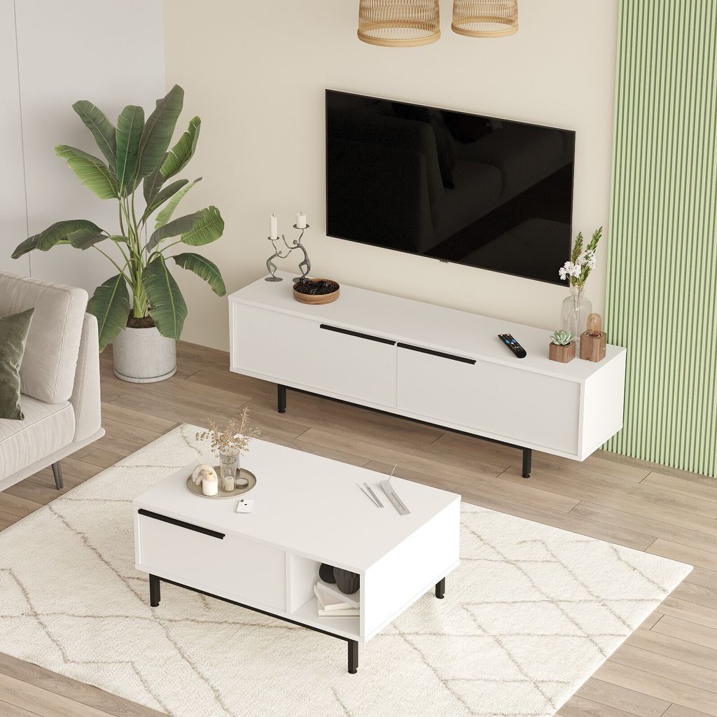 Skye Decor, ON19-W, Wohnzimmermöbel-Set, Weiß, 100 % MELAMINBESCHICHTETE SPANPLATTEN, 160 x 35,5 x 45 cm