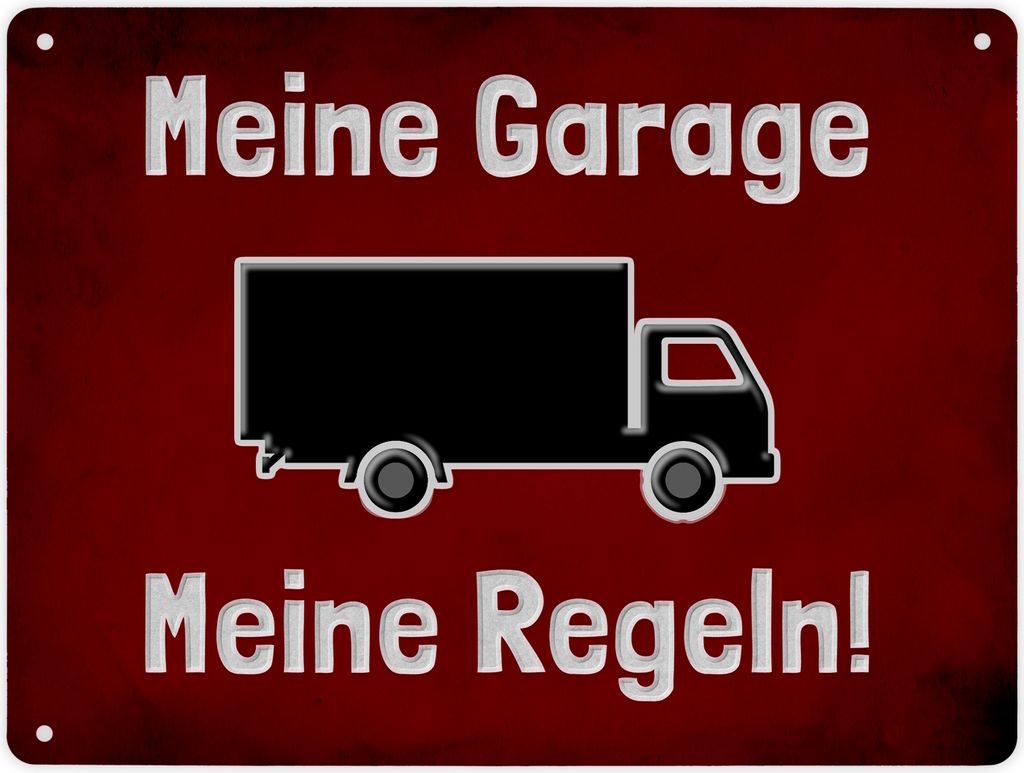 Meine Garage Meine Regeln! Metallschild XL in 21x28 cm mit LKW und rotem