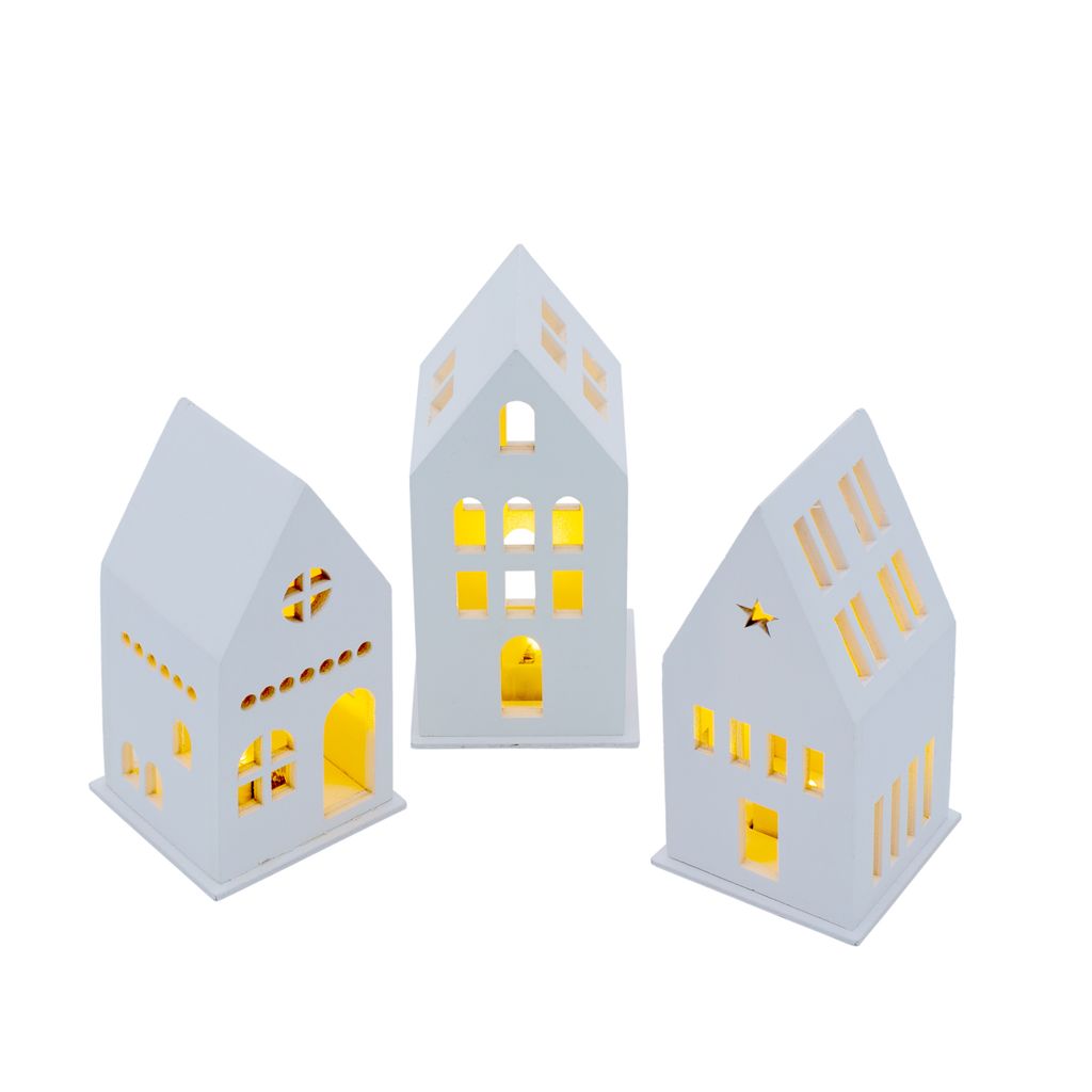 1.10 Weiße LED Häuser aus Holz - 3er Set / jeweils ca. 13 cm - Deko Haus in 3 unterscheidlichen Motiven