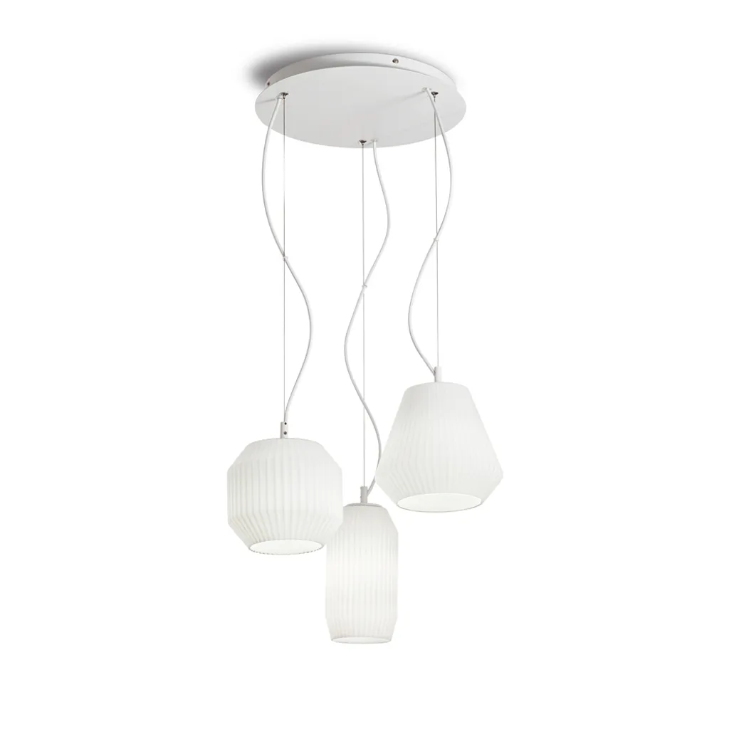 Éclairage de salon sombre : Suspension Origami 3 flammes Ideal Lux blanc