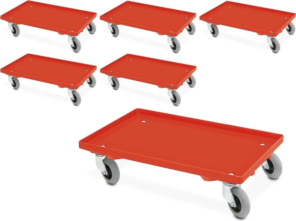 6x Transportroller mit Flüsterrollen, rot, geschlossenes Deck, für Behälter 600x400 mm oder 2x 400x300 mm