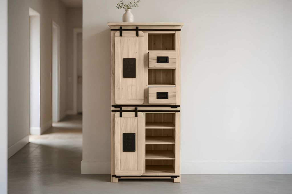 Highboard Libro IV, Akazienholz massiv + eichefarben, Hochschrank mit 2 Holzschiebetüren, 2 Schubladen & 10 offenen Fächern, Türelemente, Griffe...