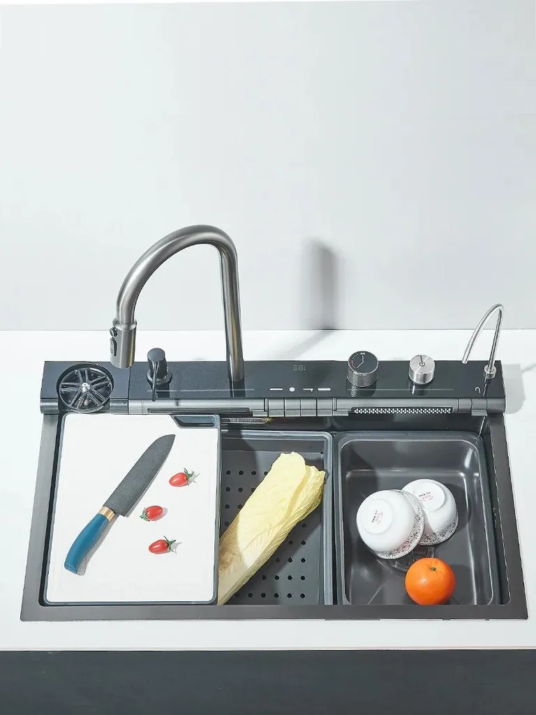 Évier de cuisine double cuve en acier inox 304 gris brossé avec affichage