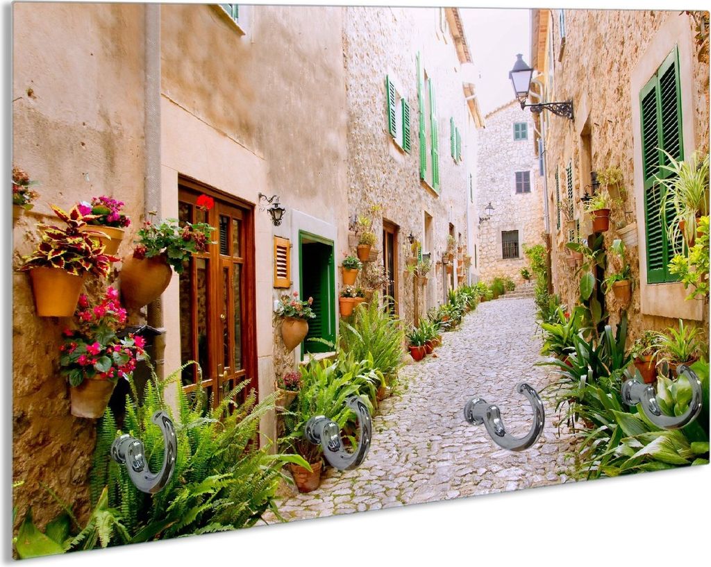 Wallario Schlüsselbrett aus Glas, Motiv: Südländische Gasse mit alten Häusern und grüner Oase, 30 x 20 cm mit 4 Haken