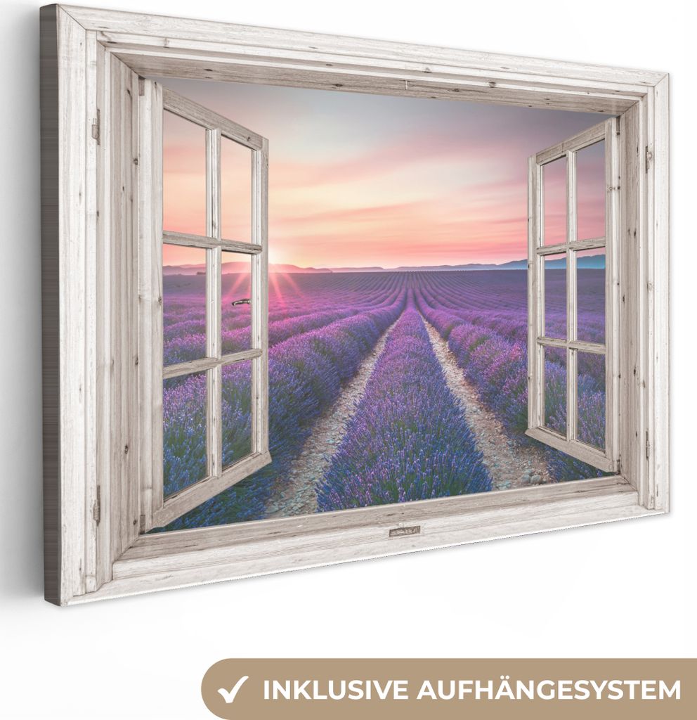 Leinwand Bilder 120x80 cm - Fensterblick - Lavendel - Blumen - Holz - Sonnenuntergang - Lila, Bilder, Wanddeko, Wandbilder Wohnzimmer